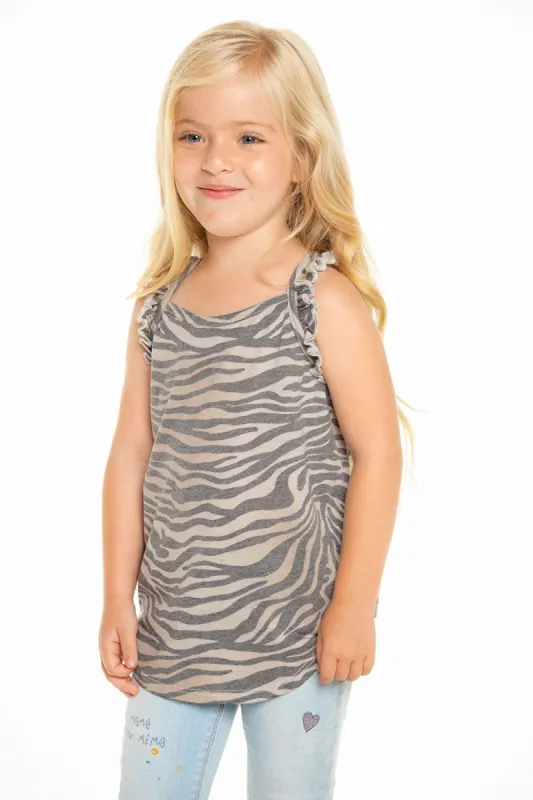 Recycled Vintage Jersey Ruffle Racerback Tank in Zebra Stripe sold by Chaser