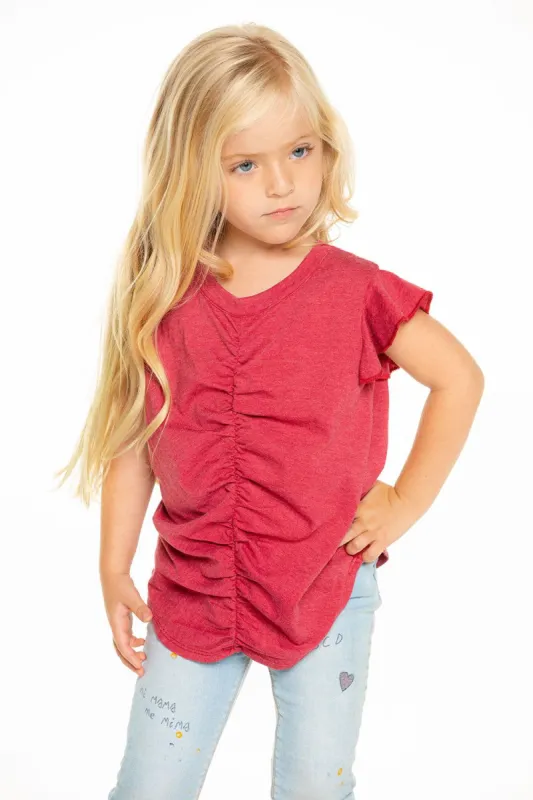 Recycled Vintage Jersey Shirred Flutter Sleeve Tee in Cardinal Red sold by Chaser