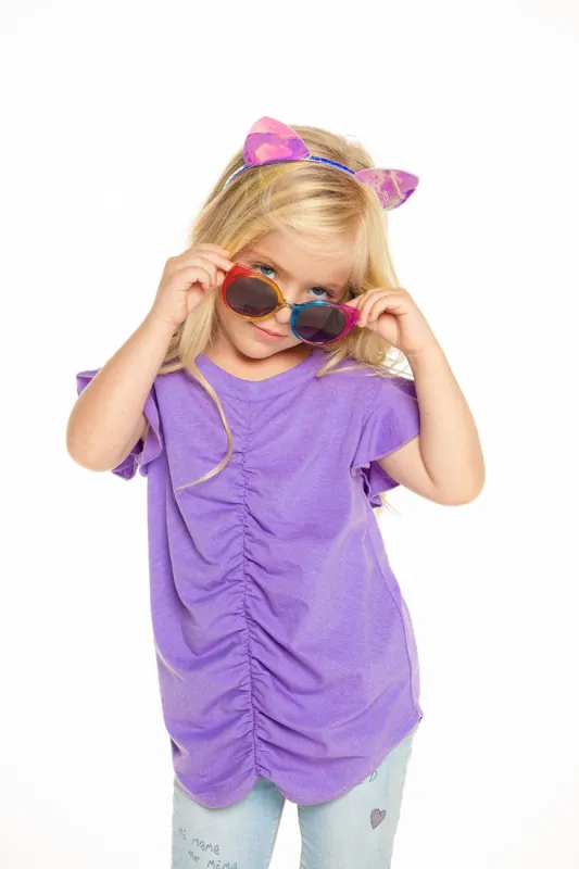 Recycled Vintage Jersey Shirred Flutter Sleeve Tee in Electric Purple sold by Chaser