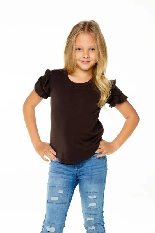 Girls Recycled Vintage Jersey Ruffle Short Sleeve Shirttail sold by Chaser