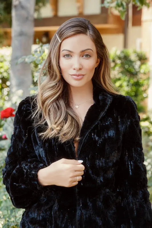 Sequin Faux Fur Puff Sleeve Zip Up Jacket sold by Chaser