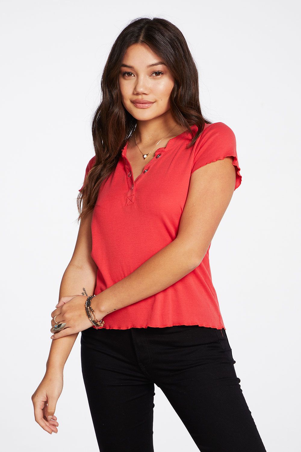 Baby Rib Short Sleeve Cropped Henley Tee sold by Chaser product image thumbnail 3