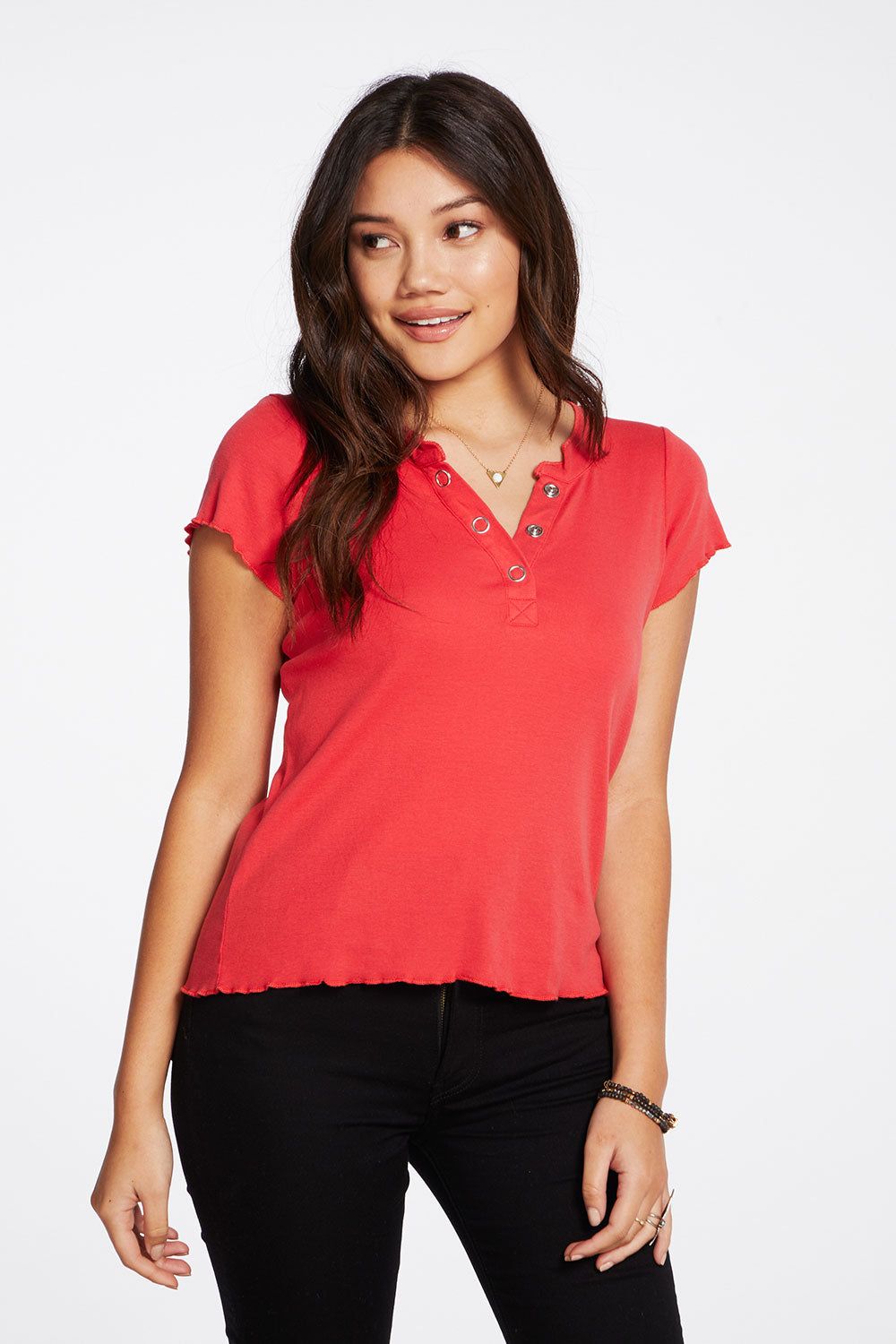 Baby Rib Short Sleeve Cropped Henley Tee sold by Chaser