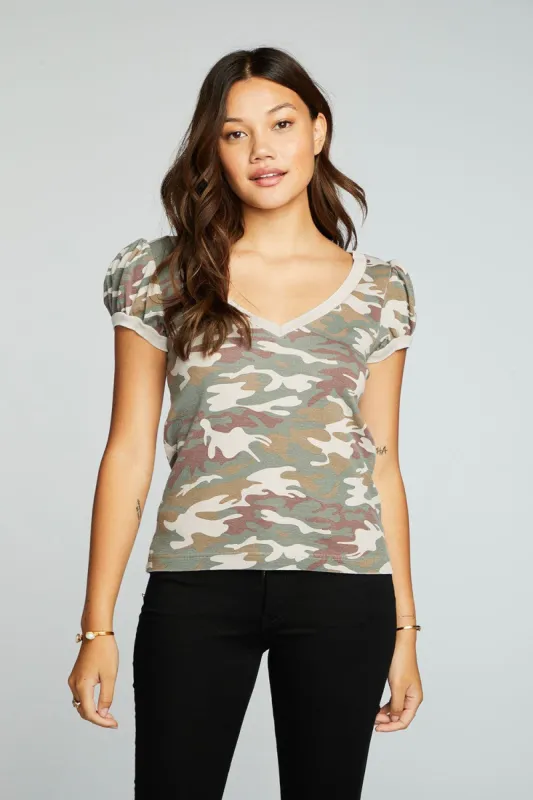 Recycled Vintage Rib Deep V Puff Sleeve Tee sold by Chaser