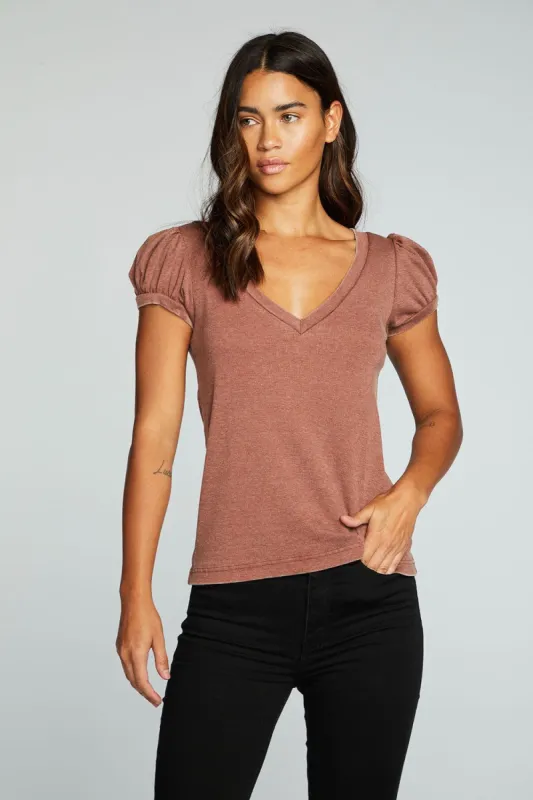 Recycled Vintage Rib Deep V Puff Sleeve Tee sold by Chaser