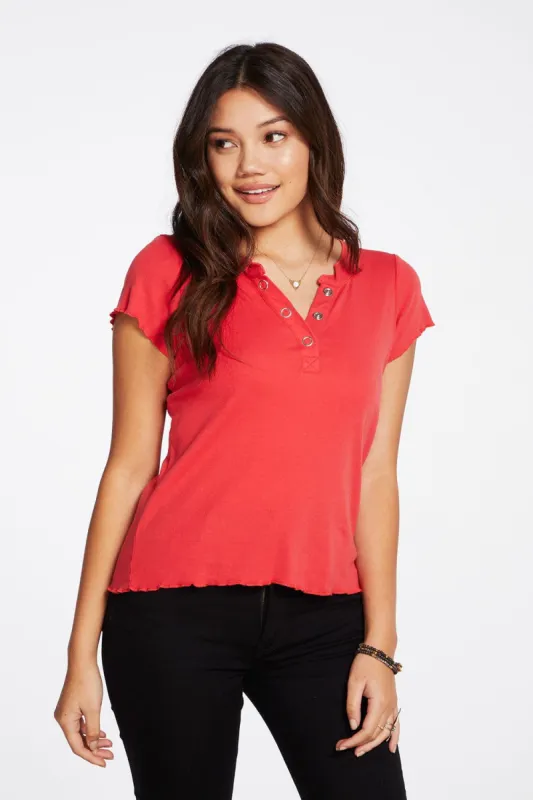 Baby Rib Short Sleeve Cropped Henley Tee sold by Chaser