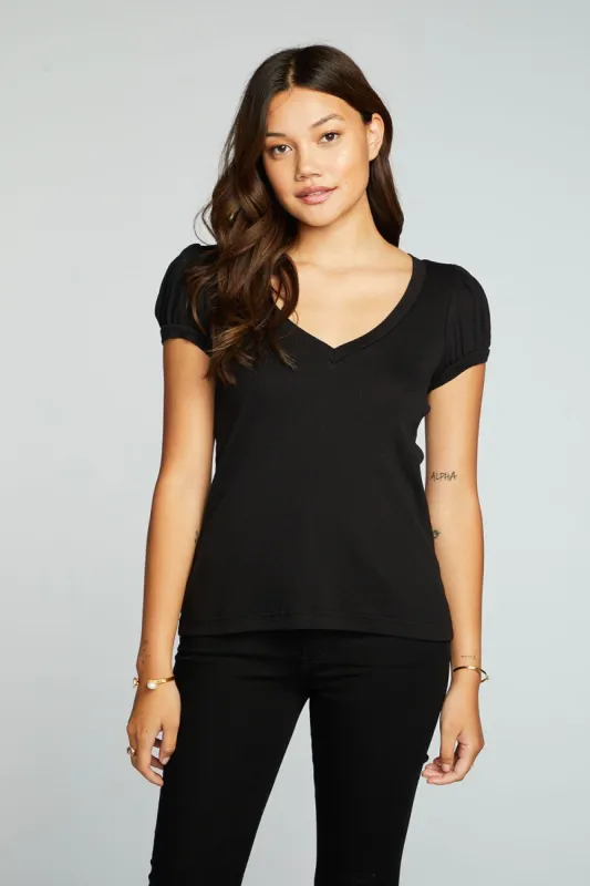 Recycled Vintage Rib Deep V Puff Sleeve Tee sold by Chaser