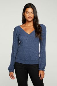 Recycled Cozy Rib Blouson Sleeve Double V Pullover sold by Chaser