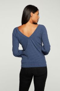 Recycled Cozy Rib Blouson Sleeve Double V Pullover sold by Chaser