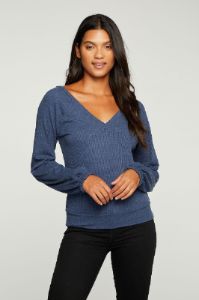 Recycled Cozy Rib Blouson Sleeve Double V Pullover sold by Chaser