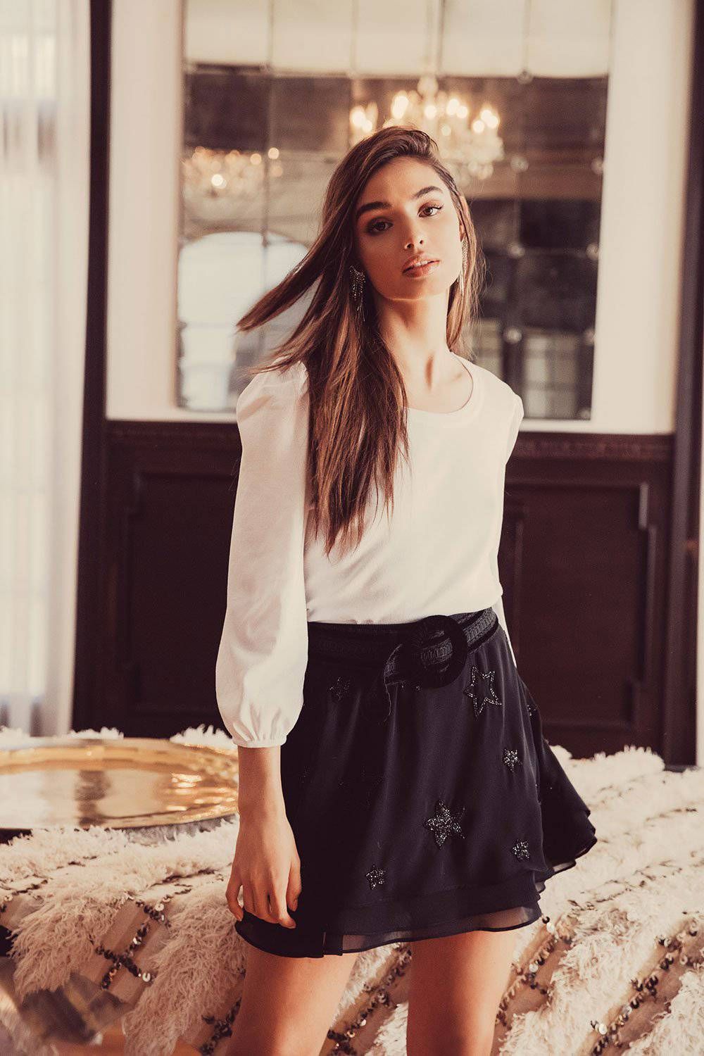 BEADED STAR FLOUNCY TIERED ZIP BACK MINI SKIRT sold by Chaser product image thumbnail 2