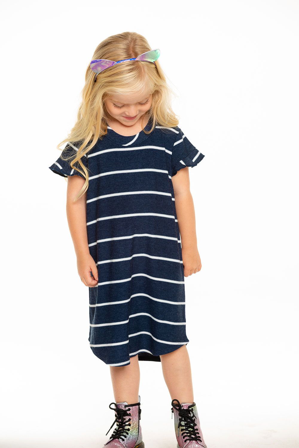 Cozy Knit Ruffle Short Sleeve Shirttail Mini Dress in Stripe sold by Chaser