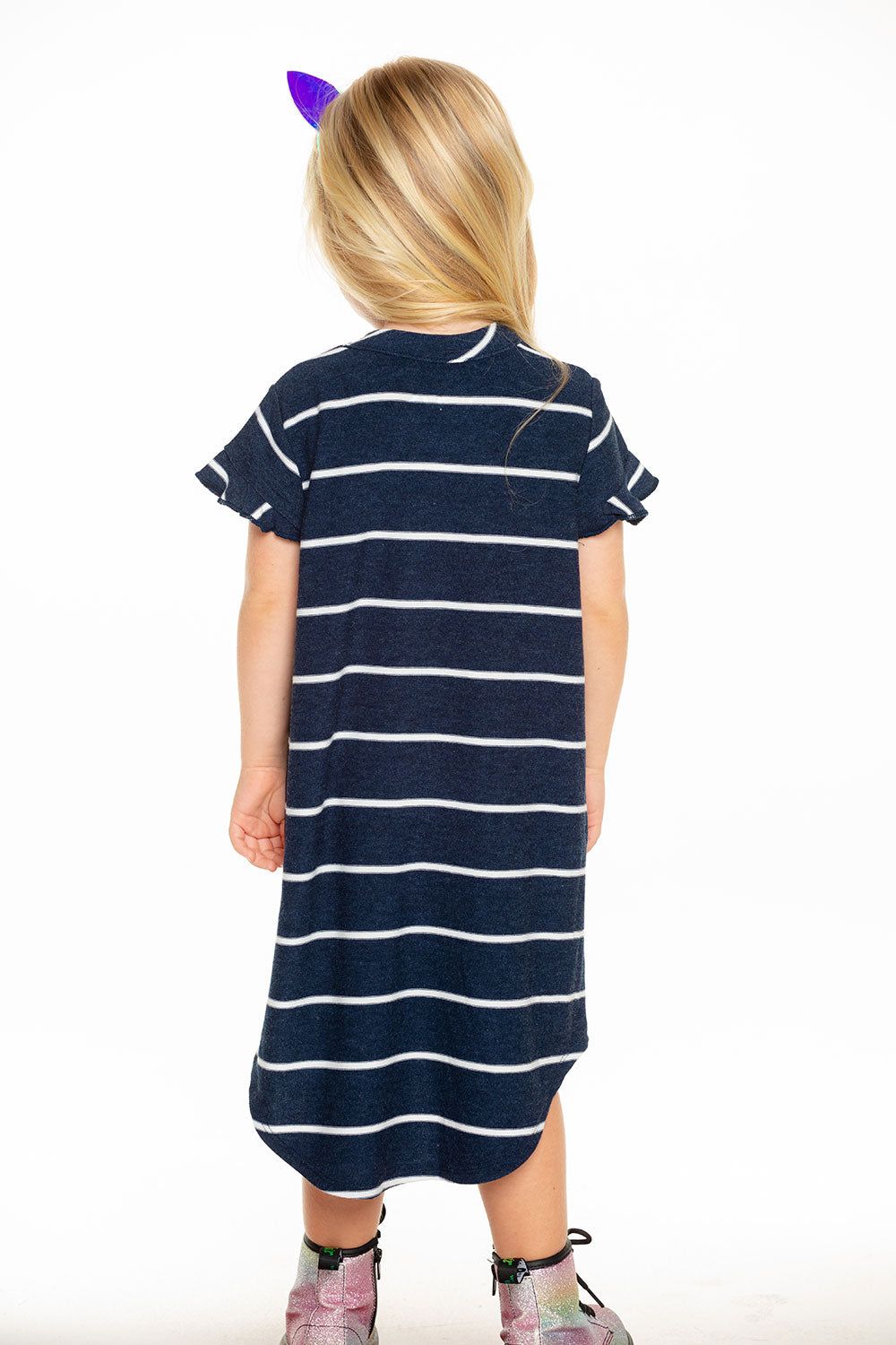 Cozy Knit Ruffle Short Sleeve Shirttail Mini Dress in Stripe sold by Chaser product image thumbnail 2