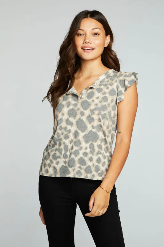 Recycled Vintage Jersey Flutter Sleeve Snap Front Henley sold by Chaser