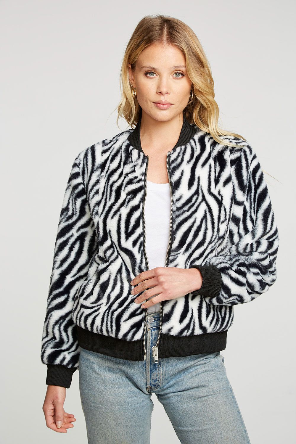 Zebra Faux Fur Long Sleeve Bomber Jacket sold by Chaser product image thumbnail 6