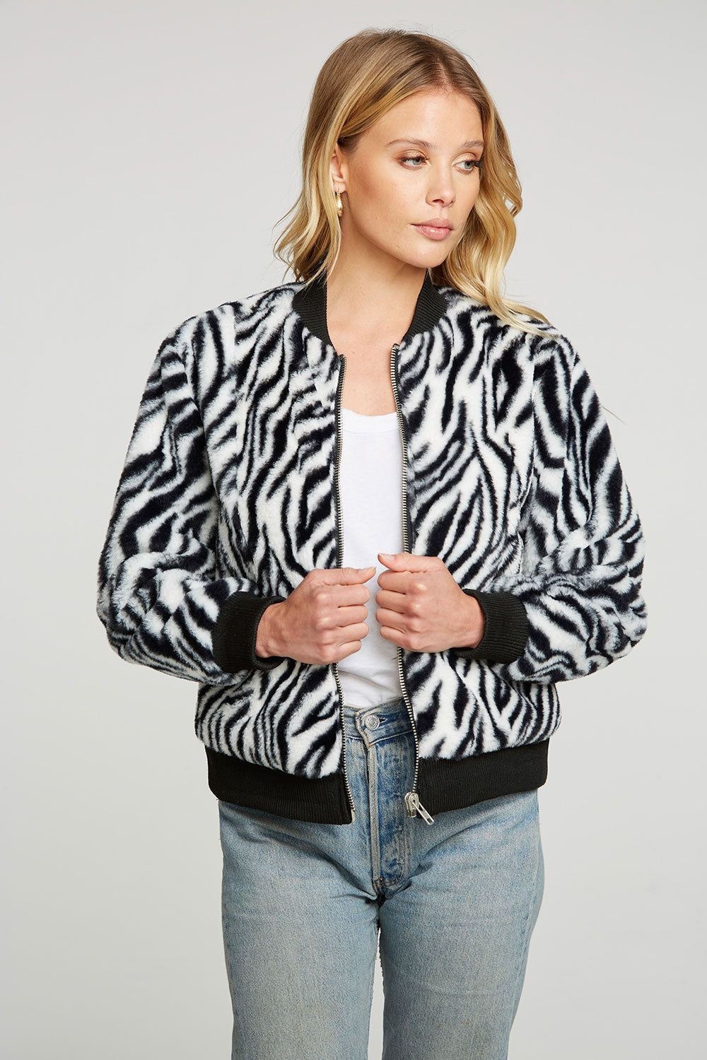 Zebra Faux Fur Long Sleeve Bomber Jacket sold by Chaser product image thumbnail 3