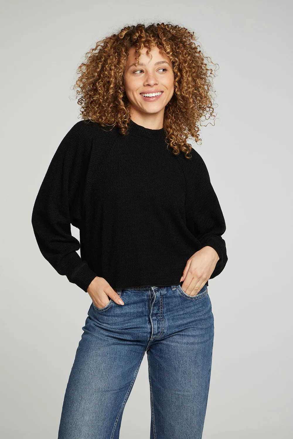 Long Sleeve Cropped Mock Neck Raglan Tee sold by Chaser