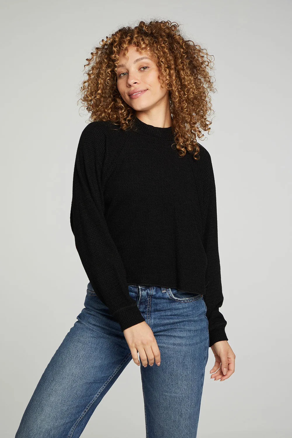 Long Sleeve Cropped Mock Neck Raglan Tee sold by Chaser product image thumbnail 5