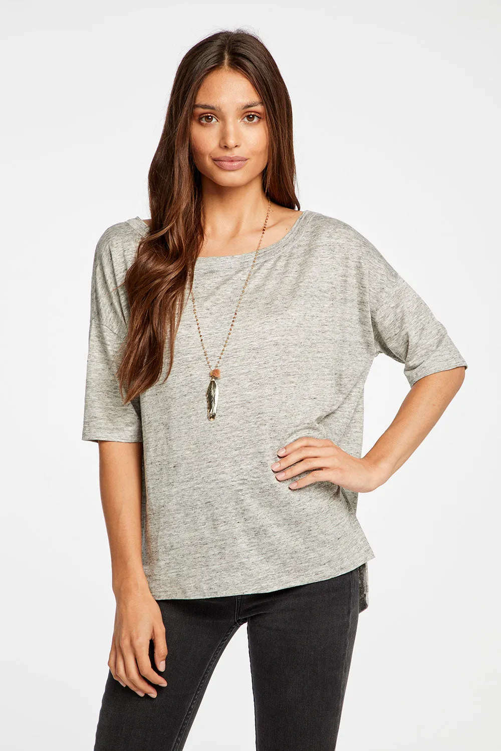 Linen Jersey Cropped Short Sleeve Boxy Hi Lo Tee sold by Chaser product image thumbnail 2