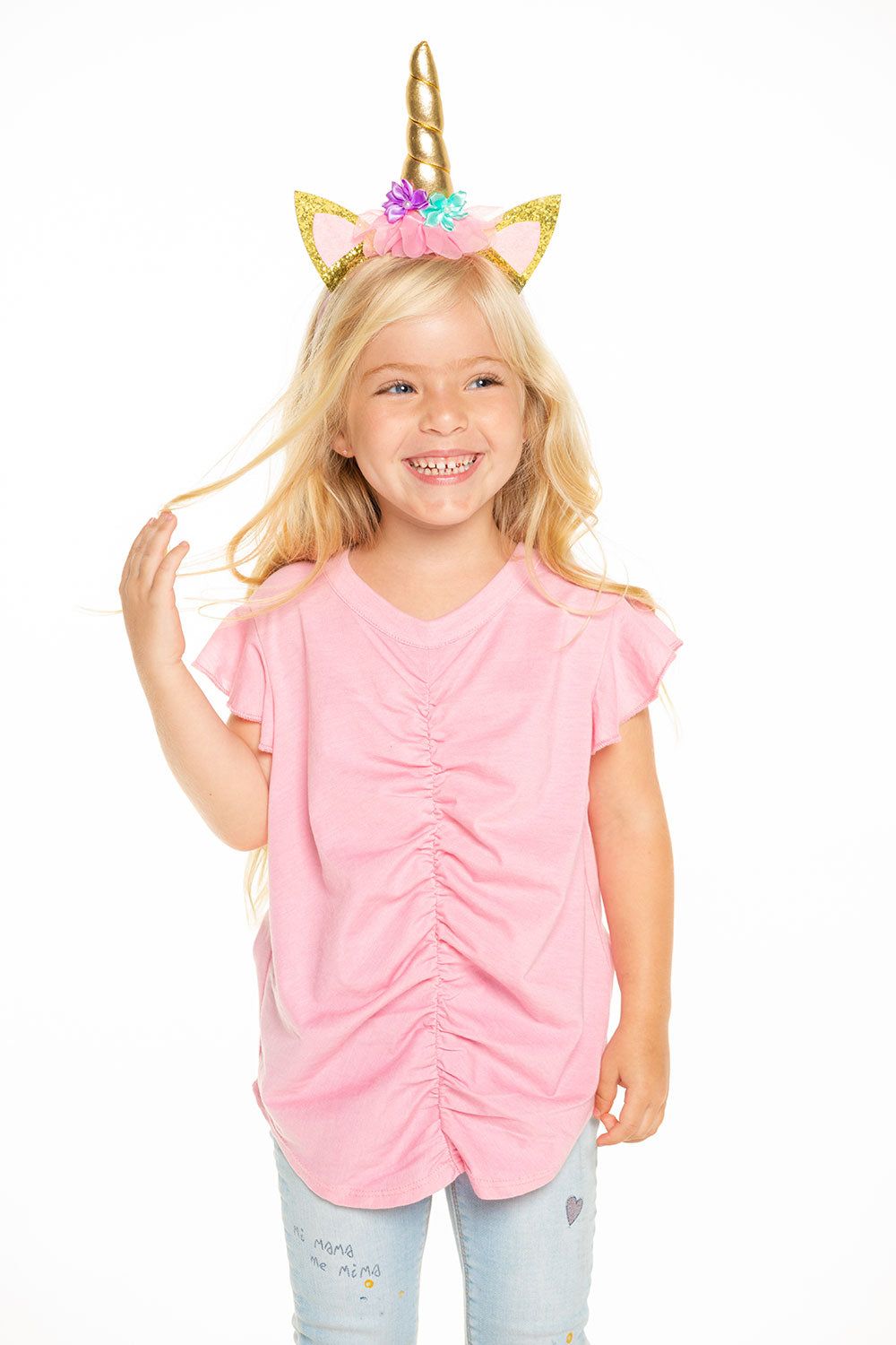 Recycled Vintage Jersey Shirred Flutter Sleeve Tee in Carnation Pink sold by Chaser