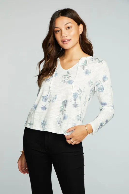 Slub Jersey Shirred Long Sleeve Split Neck Resort Top sold by Chaser