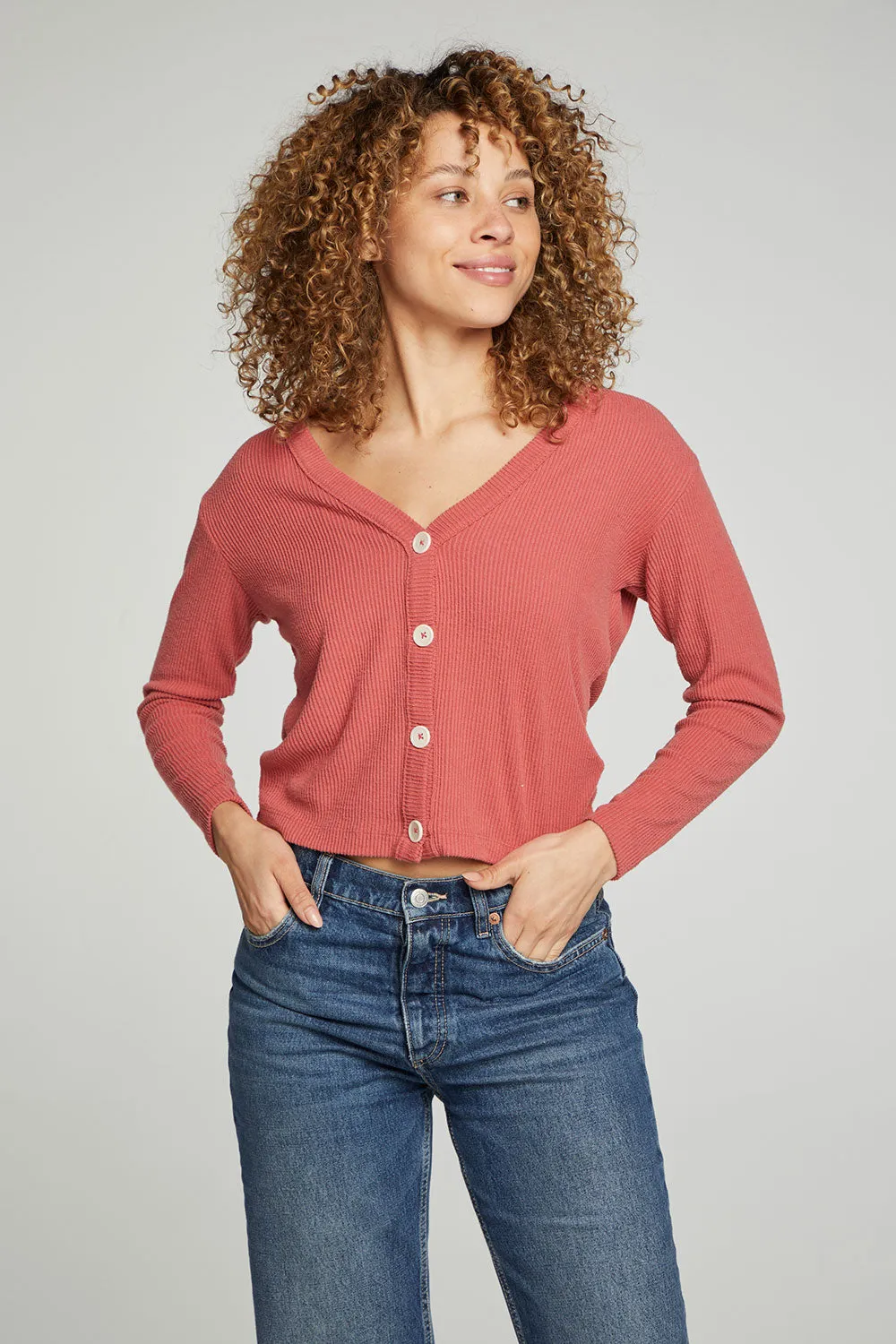 Button Down Cropped Long Sleeve Cardigan sold by Chaser product image thumbnail 4