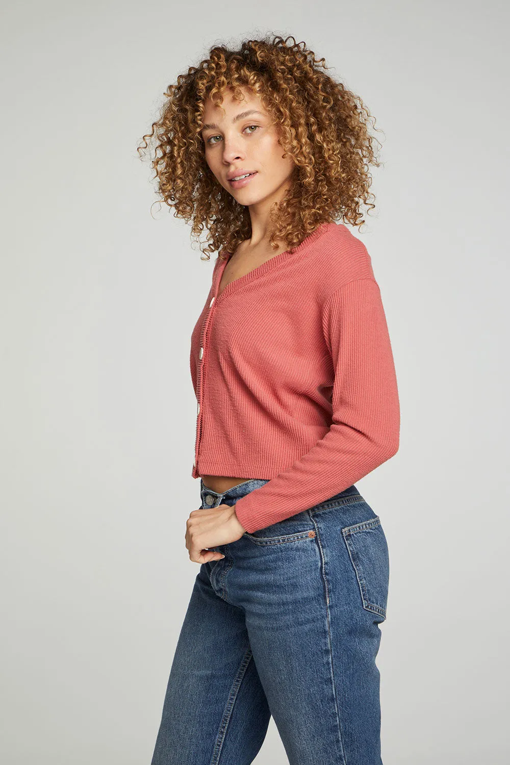 Button Down Cropped Long Sleeve Cardigan sold by Chaser product image thumbnail 2