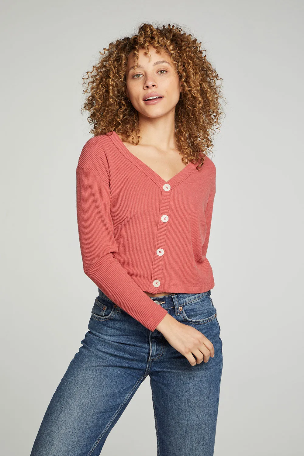 Button Down Cropped Long Sleeve Cardigan sold by Chaser product image thumbnail 5