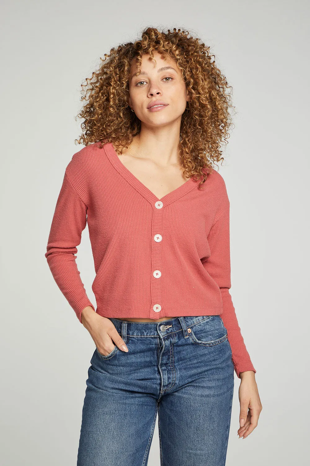 Button Down Cropped Long Sleeve Cardigan sold by Chaser