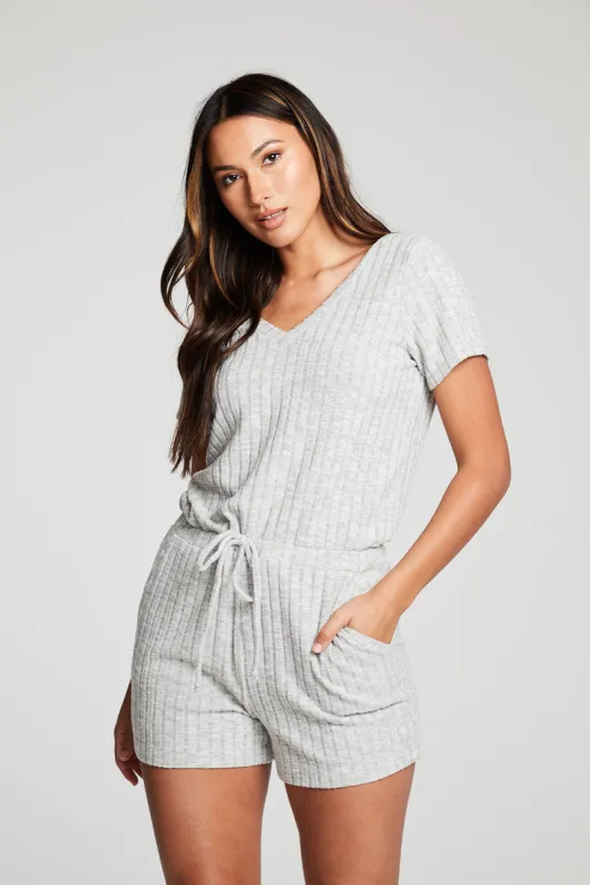 Poor Boy Rib Double V Short Sleeve Shorts Romper sold by Chaser