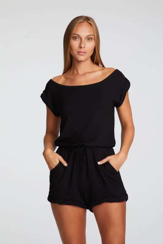 Heirloom Wovens Rolled Sleeve Off Shoulder Romper sold by Chaser