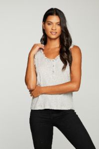 Cloud Jersey Mesh Ruffle Double Scoop Henley Tank sold by Chaser