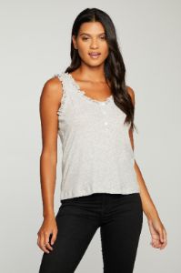 Cloud Jersey Mesh Ruffle Double Scoop Henley Tank sold by Chaser