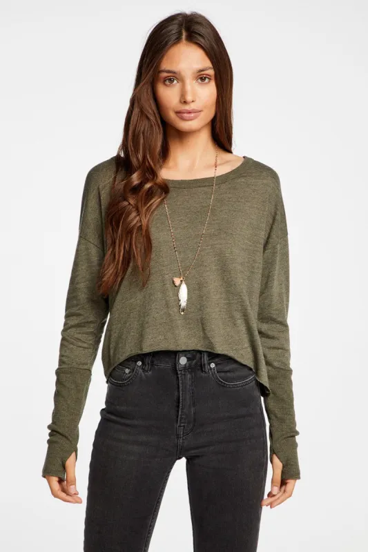 Triblend Jersey Cropped Open Neck Long Sleeve Thumbhole Tee sold by Chaser