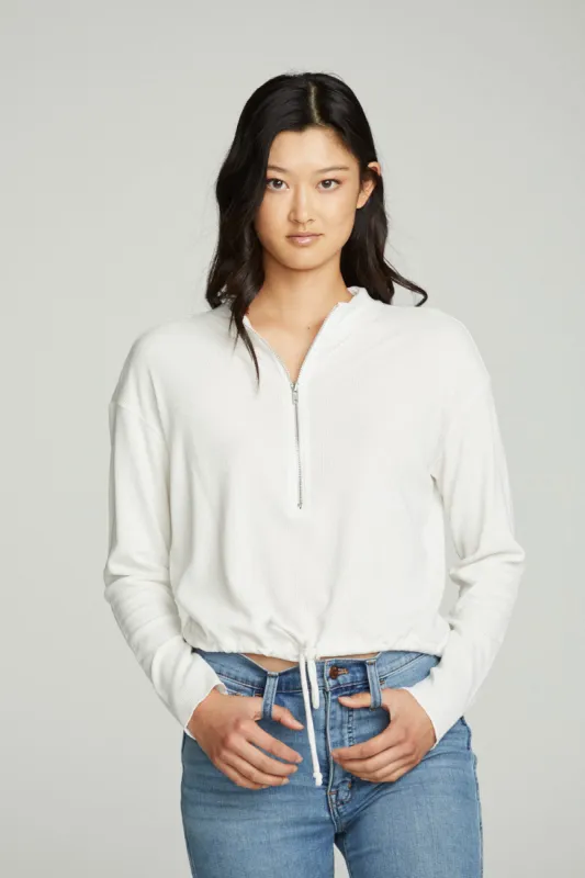 Long Sleeve Zipper Mock Neck Semi Cropped Tee sold by Chaser
