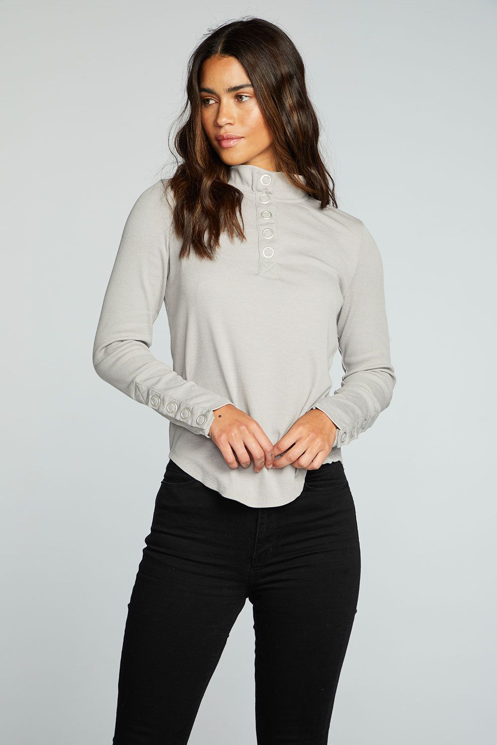 Recycled Vintage Rib Long Sleeve Snap Detail Mock Neck Pullover sold by Chaser product image thumbnail 3