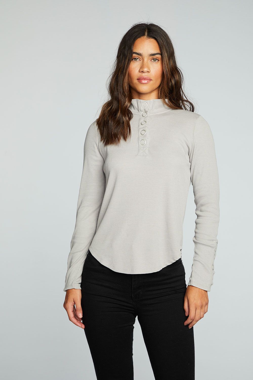 Recycled Vintage Rib Long Sleeve Snap Detail Mock Neck Pullover sold by Chaser