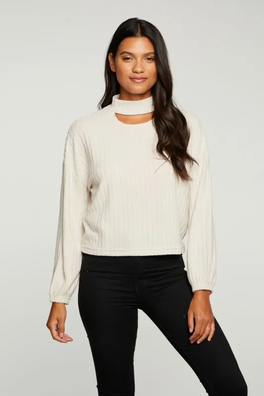 Poor Boy Rib Blouson Sleeve Vented Mock Neck Pullover sold by Chaser