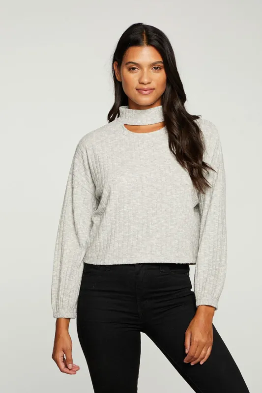 Poor Boy Rib Blouson Sleeve Vented Mock Neck Pullover sold by Chaser