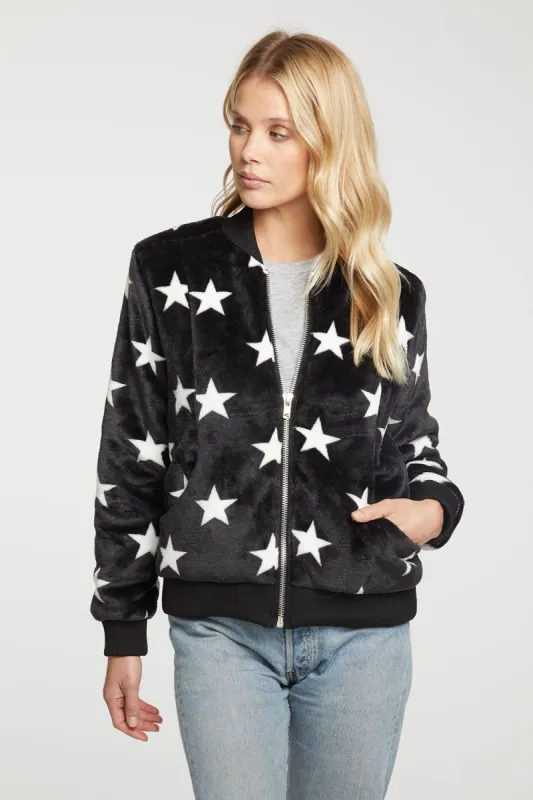 Star Faux Fur Long Sleeve Bomber Jacket sold by Chaser