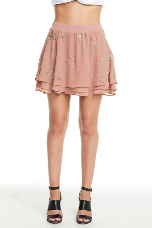 BEADED STAR FLOUNCY TIERED ZIP BACK MINI SKIRT sold by Chaser