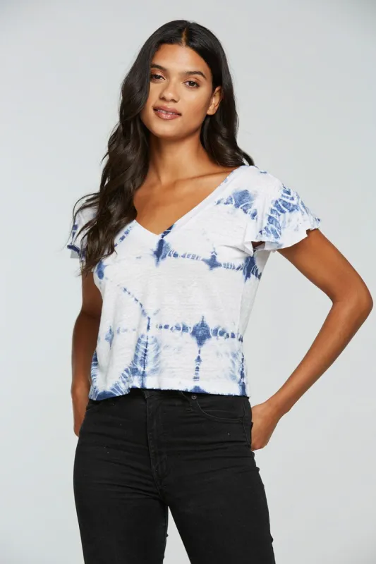 Linen Jersey Flutter Sleeve Double V Neck Tee sold by Chaser