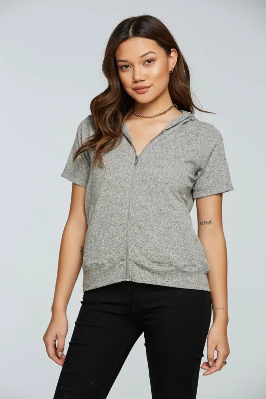 Linen Rib Short Sleeve Zip Up Hoodie sold by Chaser