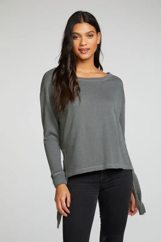 Linen French Terry Long Sleeve Drop Shoulder Side Tie Pullover sold by Chaser