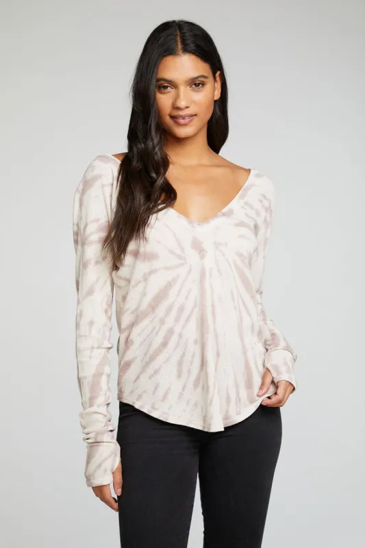 Heritage Waffle Long Sleeve Double V Neck Shirttail Tee with Thumbholes sold by Chaser