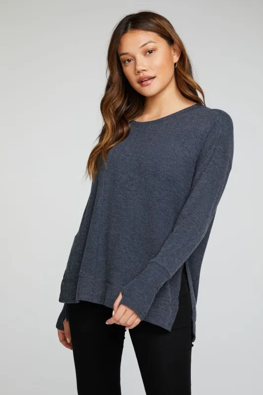 Recycled Bliss Knit Long Sleeve Hi Lo Pullover with Thumbholes sold by Chaser
