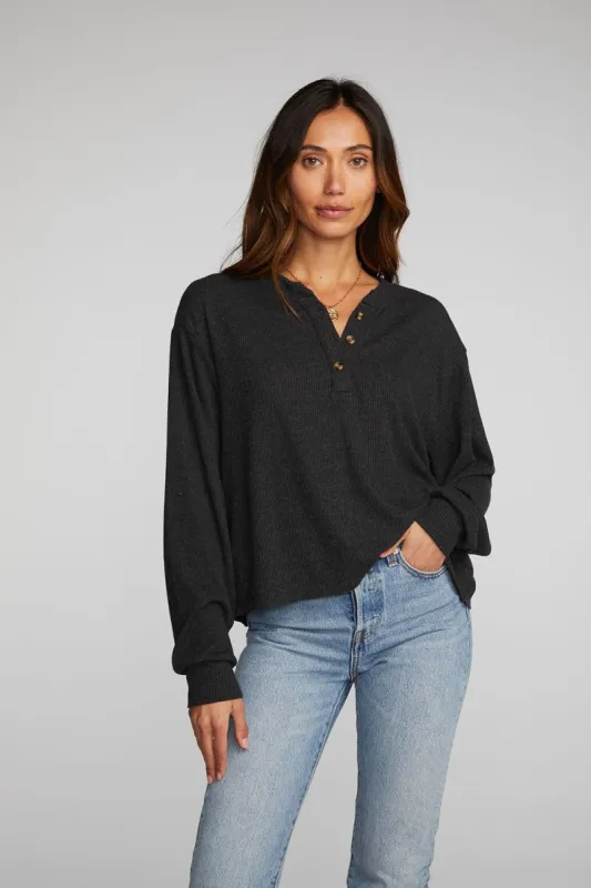 Recycled Love Rib Long Sleeve Henley with Deconstructed Hem sold by Chaser