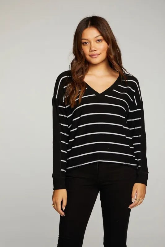 Recycled Cozy Knit Long Sleeve Deep V Drop Shoulder Pullover sold by Chaser