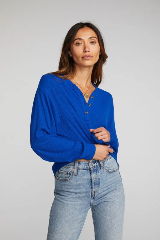 Recycled Love Rib Long Sleeve Henley with Deconstructed Hem sold by Chaser