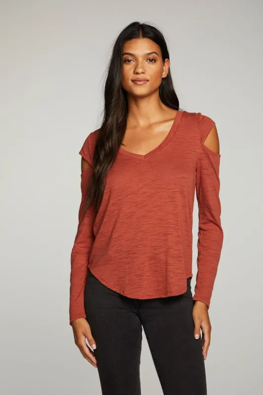Slub Jersey Vented Long Sleeve Deep V Shirttail Tee sold by Chaser